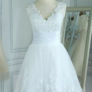Lace, Sequin, Tulle, V-Neck Knee Length Short Corset Back Vintage Wedding Dress